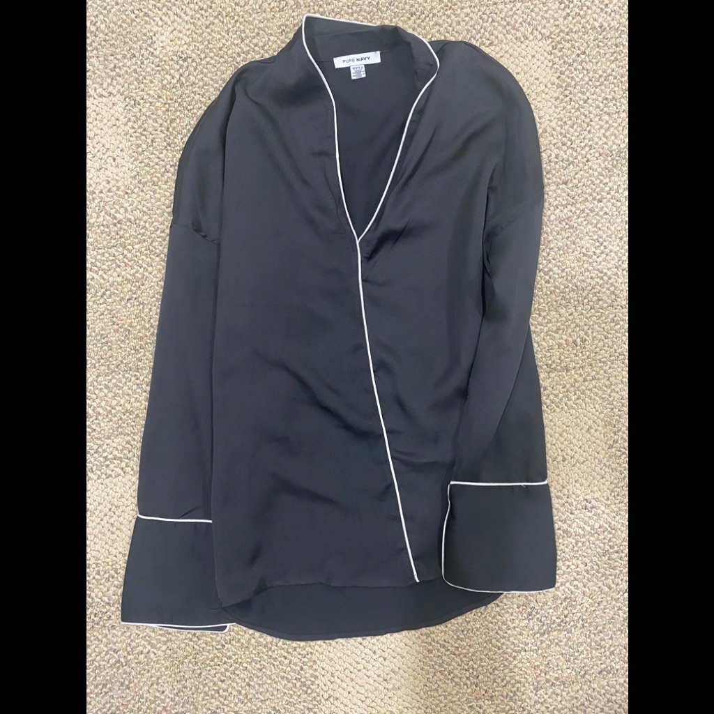 Pure Navy Satin Look Black Top With White Piping Small